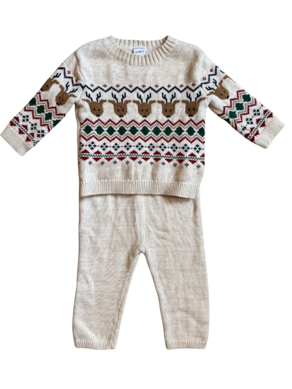 Carter’s LIKE NEW Fair Isle Reindeer Sweater & Pants Set Ivory Holiday 9M